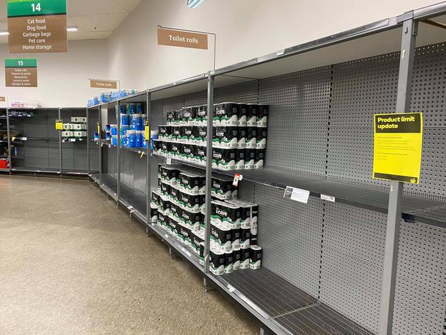 The toilet paper aisle at a Woolworths supermarket in Grafton, NSW on the weekend.