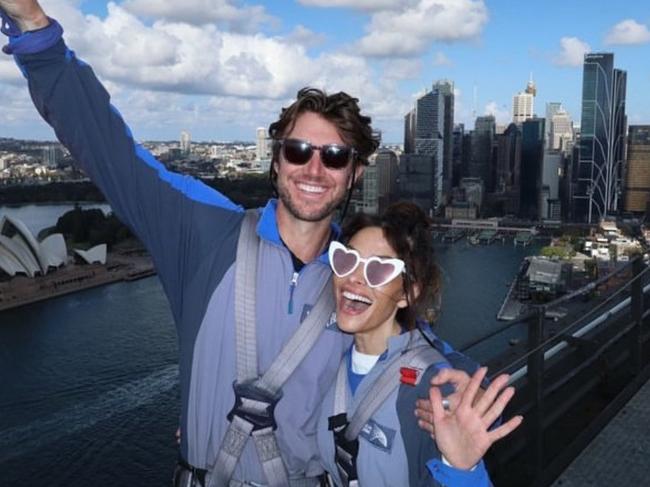 Adam Demos and Sarah Shahi tackle the Bridge Climb. Picture: Supplied