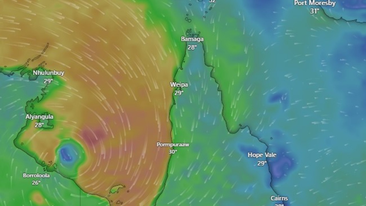 As of 10am Thursday the tropical low had sustained winds near the centre of 55 kilometres per hour with gusts reaching 85 kilometres per hour and was slowly moving south and expected to cross the coast east of Port McArthur in the NT.