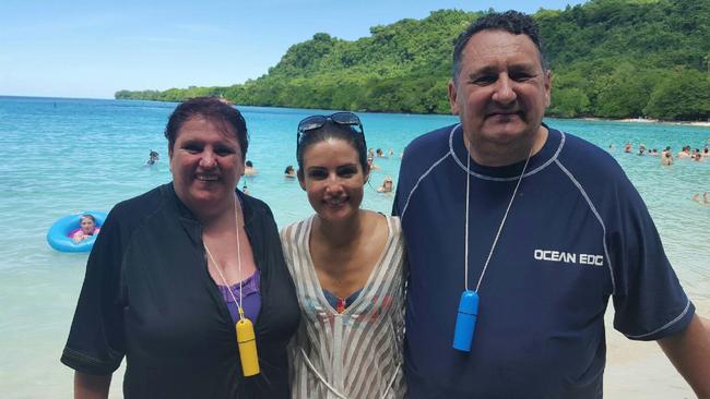 Clarrie Challis with partner Susan West (left) and actress Ada Nicodemou during a cruise.