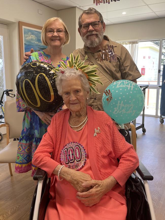 Lillian Acton, her son Warren and his wife at her 100th birthday celebrations on October 31. Picture: Contributed