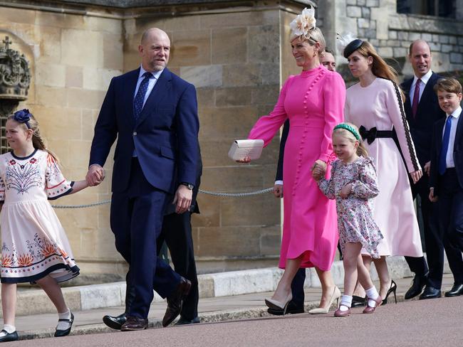 Zara Tindall and her husband Mike Tindall, along with their children, with members of the royal family at Easter last year. Picture: Yui Mok/Pool/AFP