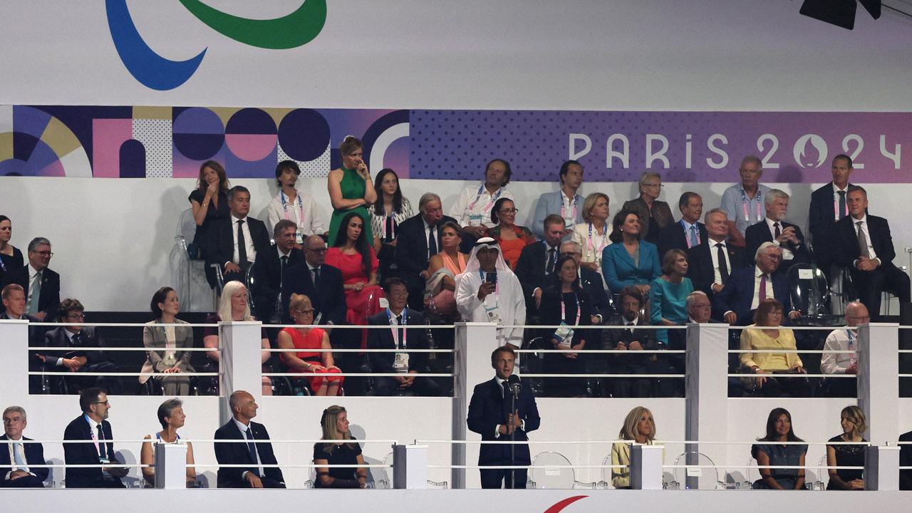 French President Emmanuel Macron addresses the crowd prior to the declaration of the opening of the Games. Picture: Andy Lyons/Getty Images