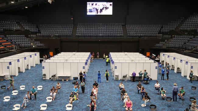 The mass vaccination hub set up in the Cairns Convention Centre. The clinic is capable of administering up to 1500 Covid-19 coronavirus vaccines each day over Friday, Saturday and Sunday for the next three weeks. Picture: Brendan Radke