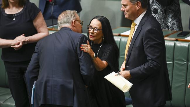 Minister for Indigenous Australians, Linda Burney congratulates Anthony Albanese after he spoke to the constitutional amenment legislation in the House of Representatives at Parliament House in Canberra. Picture: NCA NewsWire / Martin Ollman