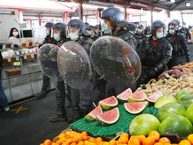 Anti-lockdown protesters at Melbourne’s Queen Victoria Market. Picture: David Crosling