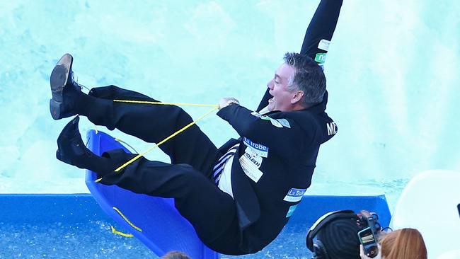 Eddie McGuire sliding in the The Big Freeze in 2016. Picture: Getty