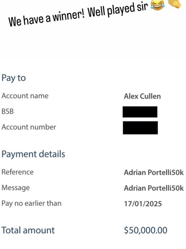 A screenshot of the payment - posted to Portelli’s Instagram - that landed Cullen in so much trouble. Picture: Instagram