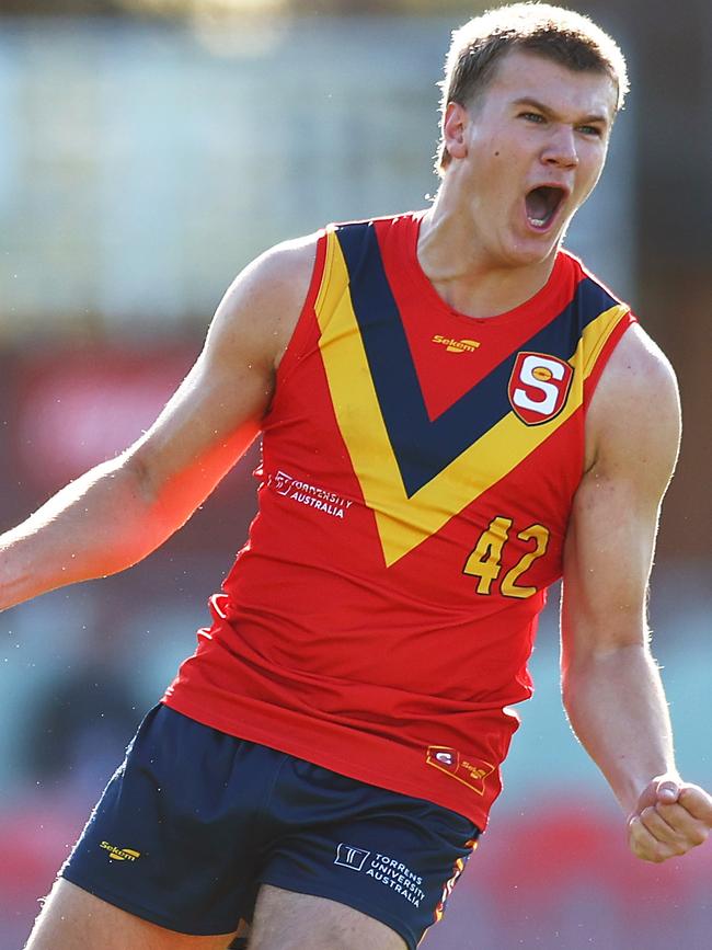 Woodville-West Torrens’ Tyler Welsh celebrates kicking a goal for South Australia against Vic Country at this year’s AFL under-18 championships. Picture: Graham Denholm/AFL Photos via Getty Images