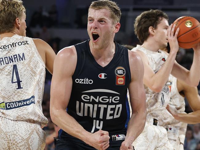 MELBOURNE, AUSTRALIA - OCTOBER 27: Jack White of United reacts during the round six NBL match between Melbourne United and Cairns Taipans at John Cain Arena, on October 27, 2024, in Melbourne, Australia. (Photo by Daniel Pockett/Getty Images)