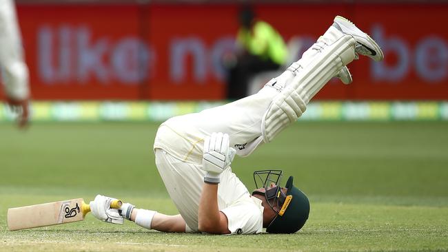 Marcus Harriswas struck on the helmet by a ball from Jasprit Bumrah. Picture: Getty Images