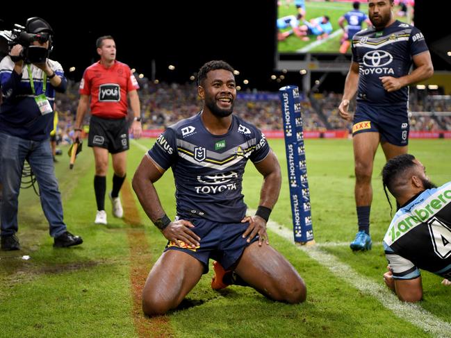 Semi Valemei of the Cowboys scores against the Sharks in 2023. Picture: NRL Imagery