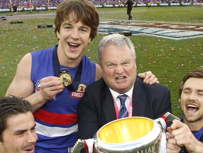 2016 AFL Grand Final match between the Western Bulldogs and the Sydney Swans at the Melbourne Cricket Ground (MCG), Melbourne, Australia on October 1, 2016. Bulldogs club president Peter Gordon with players Tom Boyd, Liam Picken and Joel Hamling. Picture: David Caird
