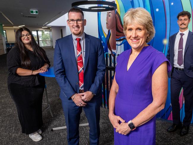 Emmaus College is merging with two local primary schools to create an education hub allowing Catholic students to study from kindergarten to Year 12 under the Emmaus College brand. Teacher Breannah Vescio, Holy Xavier principal Steve Evans, Emmaus College principal Karen Jebb and teacher Damien Kaye. Picture: Jake Nowakowski