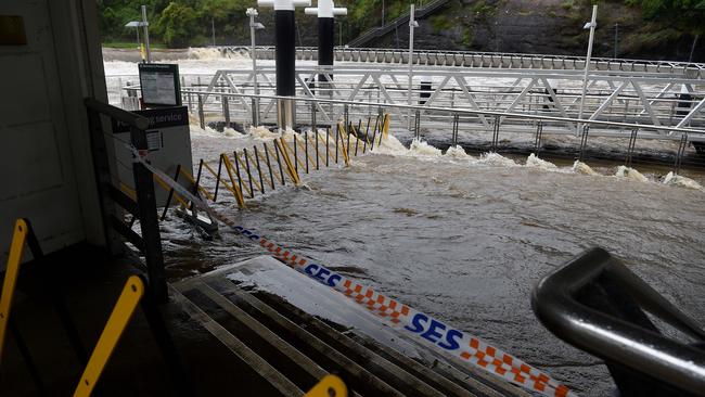 Parramatta River overflowed at the Charles St weir and ferry wharf on Saturday. Picture: NCA NewsWire/Bianca De Marchi