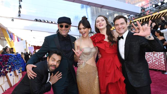 The cast of CODA, Mexican actor Eugenio Derbez, US actor Troy Kotsur, English actress Emilia Jones, Canadian actress Amy Forsyth, and US stage actor Daniel Durant. Picture: AFP