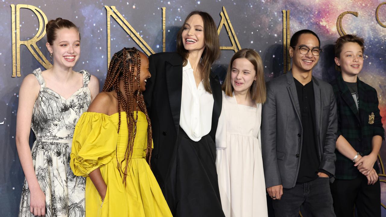 Left to right: Shiloh Jolie-Pitt, Zahara Jolie-Pitt, Angelina Jolie, Vivienne Jolie-Pitt, Maddox Jolie-Pitt and Knox Jolie-Pitt at the UK Premiere of The Eternals. Picture: Tim P. Whitby/Getty Images