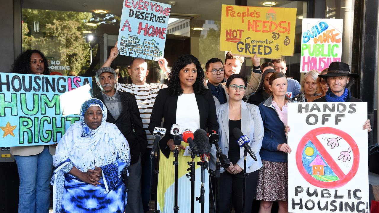 Victorian Greens MP Samantha Ratnam (centre) gathered public housing supporters at parliament in March. Picture: NewsWire / Josie Hayden