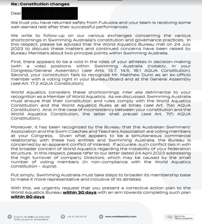 World Aquatics redacted letter page 1