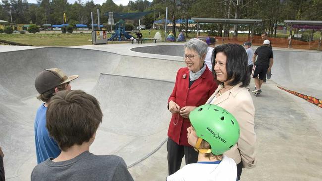 Lismore Mayor Jenny Dowell and Justine Elliot MP officially open the Nimbin skate park. Picture: Jay Cronan