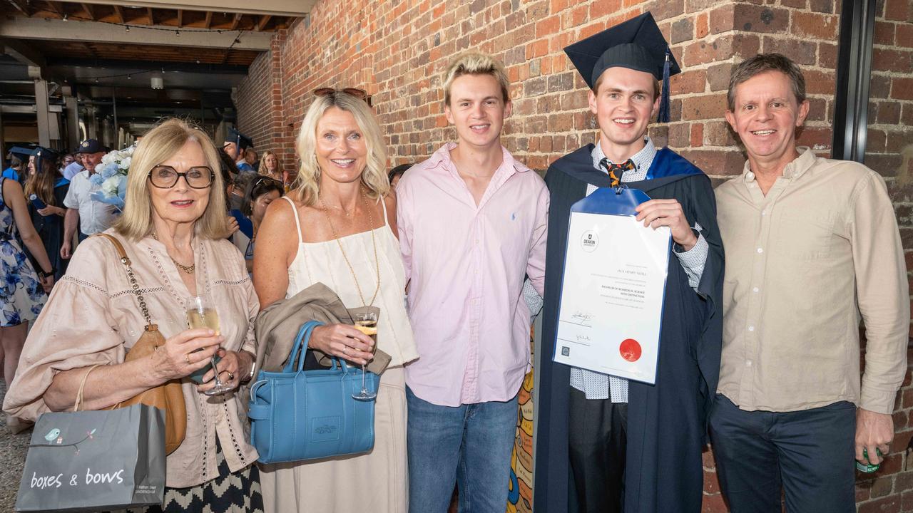 Janet Phesant, Bridget Jackson, Josh Neal, Jack Neal and David Neal at Deakin University’s environmental science graduation. Picture: Brad Fleet