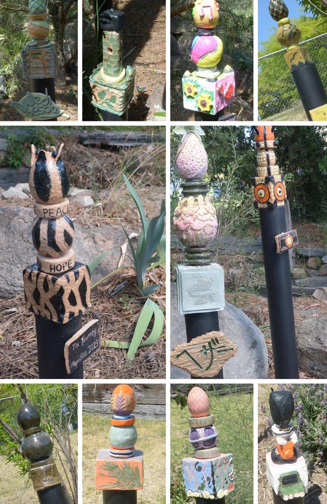 The many Totems of Hope on display for the gala opening at Whistlestop Community Gardens in Stanthorpe on Thursday, October 12.