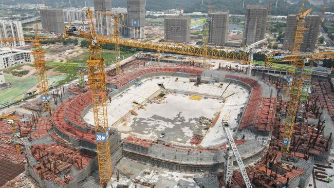 An aerial view of the Guangzhou Evergrande football stadium under construction in Guangzhou in China’s southern Guangdong province. Picture: AFP