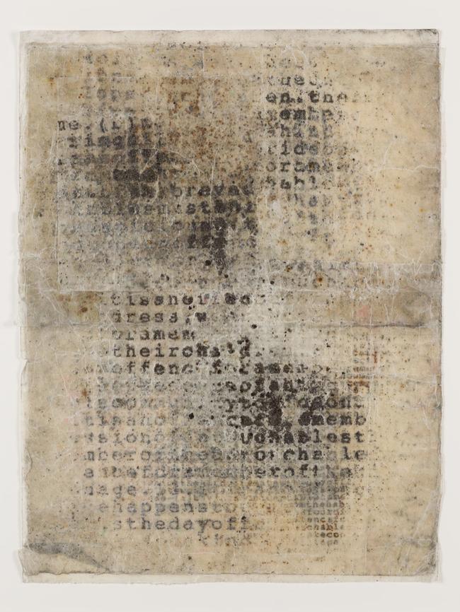 Kirtika Kain, ‘epigraph’, 2019, silk-screened iron filings, tar and wax on kozo paper, 74 x 60 cm; $POA. Image courtesy of Roslyn Oxley9 Gallery. 