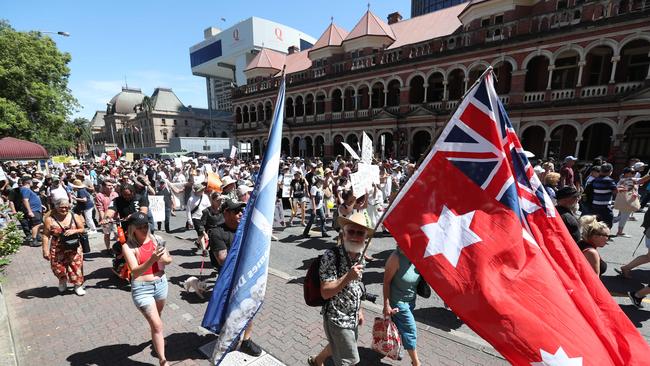 The Freedom Rally in the Brisbane CBD on Saturday. Picture: Annette Dew