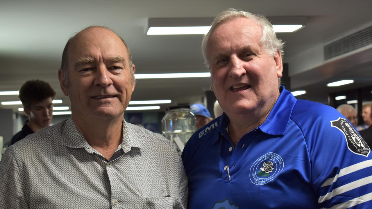 Daryl Landsberg and Peter Hunt at Norths Chargers' centenary celebrations at the Rockhampton Jockey Club on October 2, 2021.