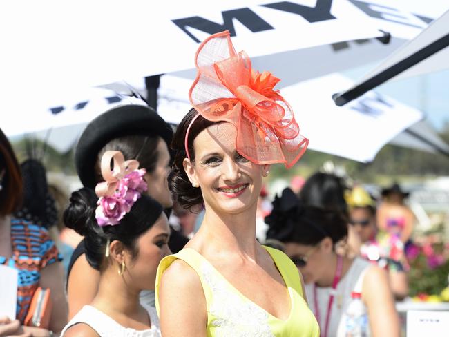 Yasmin Wills all dressed up at Flemington Racecourse on Melbourne Cup Day 2014. Picture: Stephen Harman