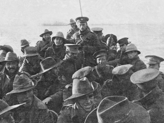 Must Credit: Australian War MemorialANZACID number	A02781Collection type	PhotographObject type	Black & white - Glass original half plate negativeMaker	UnknownPlace made	Ottoman Empire: Turkey, Marmara, Chanak, Gallipoli PeninsulaDate made	25 April 1915Description	A view looking aft of lifeboat carrying unidentified men of the Australian 1st Divisional Signal Company as they are towed towards Anzac Cove at 6 am on the day of the landing.