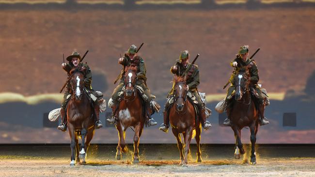 Caleb Degen with Quickstep, Jack Crozier with Nifty, Mat Constance with Bear, Stuart Clunes with Wolf. Outback Spectacular's Heroes of the Light Horse show. Picture: John Gass