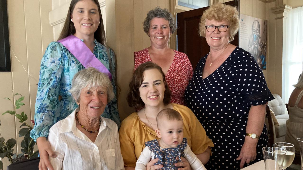 Gympie high tea for International Women's Day – (Top, from left) Amy Wheeler, Natalie Wheeler, Sandra Murdoch, (bottom from left) Glenda Wheeler, Courtney Murdoch, and Morgan Murdoch-Fidler. Four generations of the same family.