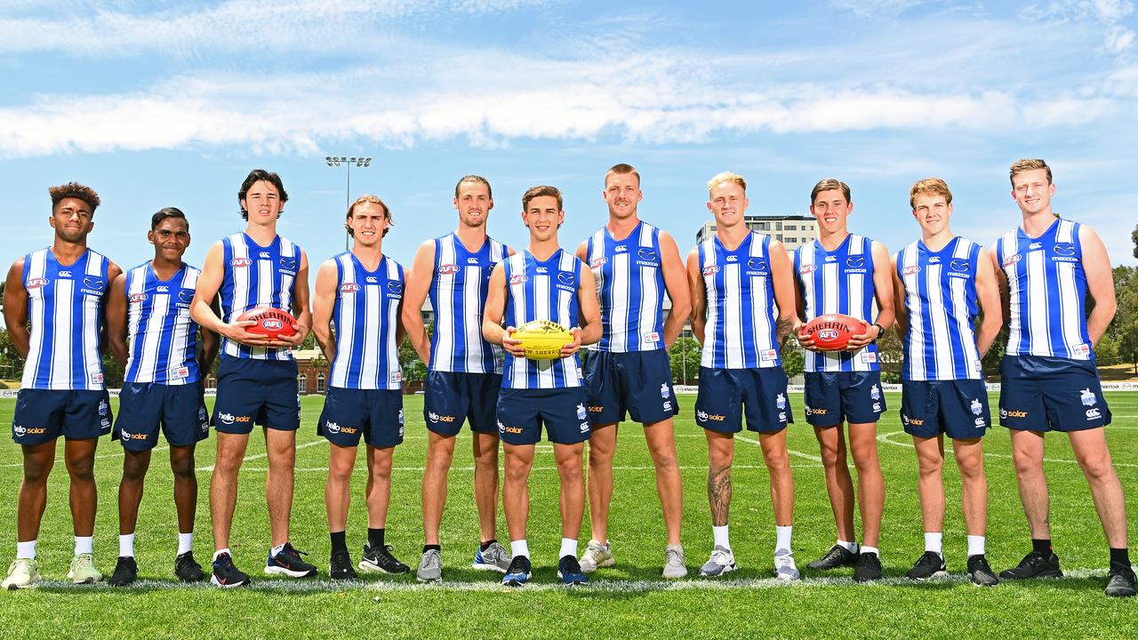 North’s new faces from left to right: Atu Bosenavulagi, Phoenix Spicer, Eddie Ford, Charlie Lazzaro, Lachie Young, Will Phillips, Aidan Corr, Jaidyn Stephenson, Patrick Walker, Tom Powell and Connor Menadue. Picture: Getty Images