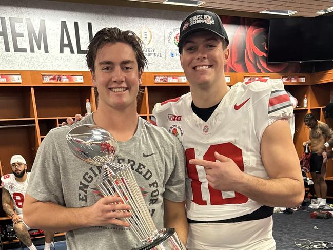 Joe McGuire with Ohio Quarter back Will Howard and the Rose Bowl Trophy.