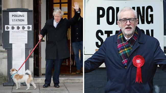 Boris Johnson, with his dog Dilyn (left) and Jeremy Corbyn cast their votes in the UK Election. Pictures: Getty Images