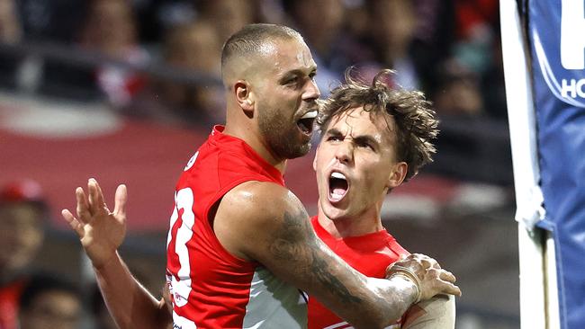 SydneyÃs Lance Franklin in his 350th AFL match celebrates kicking a goal  with Ryan Clarke during the AFL Round 13 Pride Game match between the  Sydney Swans and St. Kilda Saints at the SCG on June 8, 2023. Photo by Phil Hillyard(Image Supplied for Editorial Use only - **NO ON SALES** - Â©Phil Hillyard )