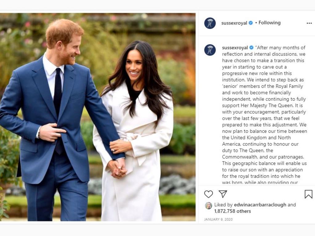 Harry and Meghan announcing they were stepping down as royals.