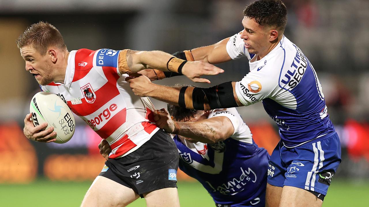 Matthew Dufty on the charge for the Dragons. Picture: Mark Kolbe/Getty Images