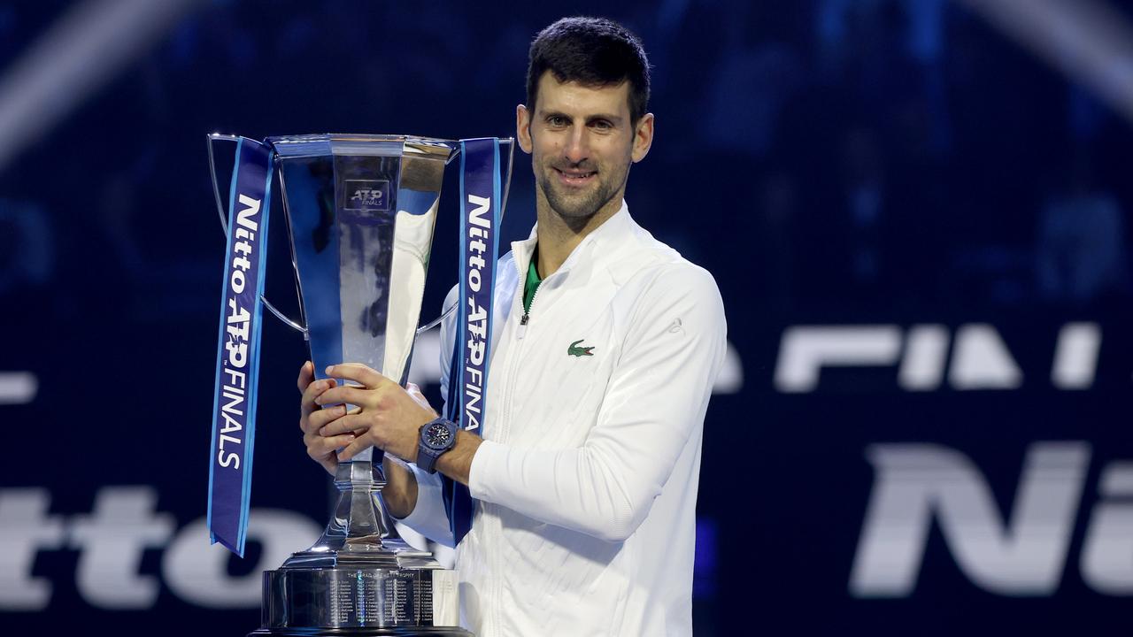 TURIN, ITALY – NOVEMBER 20: Novak Djokovic of Serbia poses with the trophy after defeating Casper Ruud of Norway during the Final on Day Eight of the Nitto ATP Finals at Pala Alpitour on November 20, 2022 in Turin, Italy. (Photo by Matthew Stockman/Getty Images)