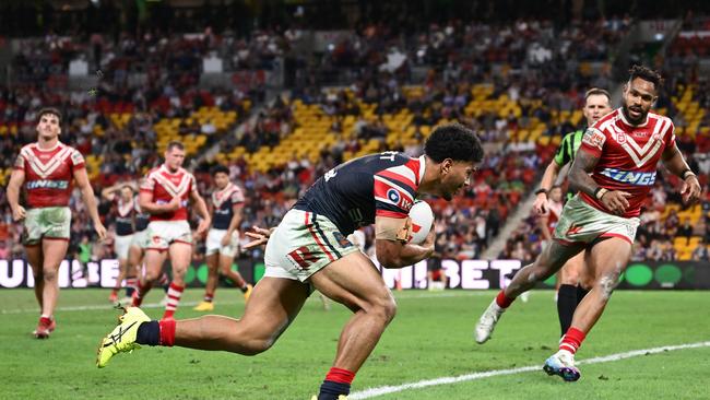 : Robert Toia of the Roosters scores a try during the round nine NRL match between the Sydney Roosters and Dolphins. Picture: Hannah Peters/Getty Images