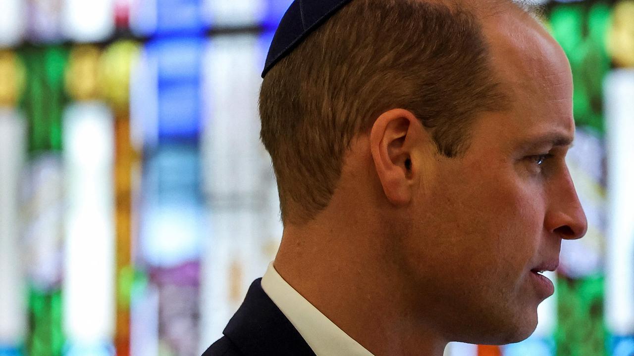 Prince William, Prince of Wales wears a kippah during a visit to the Western Marble Arch Synagogue, in London, on February 29, 2024. (Photo by Toby Melville / POOL / AFP)