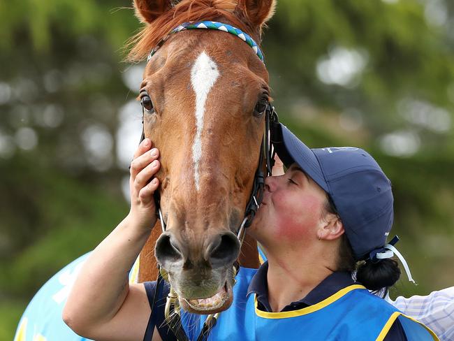 BALLARAT, AUSTRALIA - NOVEMBER 23: Strapper Daniela gives Kiwia a kiss after Race 8, Sportsbet Ballarat Cup during Melbourne Racing at Ballarat Turf Club on November 23, 2019 in Ballarat, Australia. (Photo by George Salpigtidis/Getty Images)