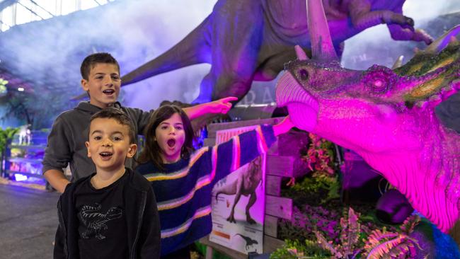 Raymond, 6, Eve, 9, and Leo 12, check out the new free Jurassic Creatures exhibition at the Show. Picture: Jason Edwards