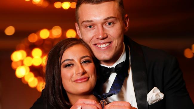 Patrick Cripps with partner Monique Fontana after Cripps won the Brownlow Medal. Picture: Getty