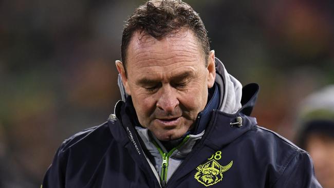 Raiders coach Ricky Stuart reacts during the round 17 NRL match between the Canberra Raiders and the North Queensland Cowboys at GIO Stadium in Canberra, Saturday, July 1, 2017. (AAP Image/Your Name) NO ARCHIVING