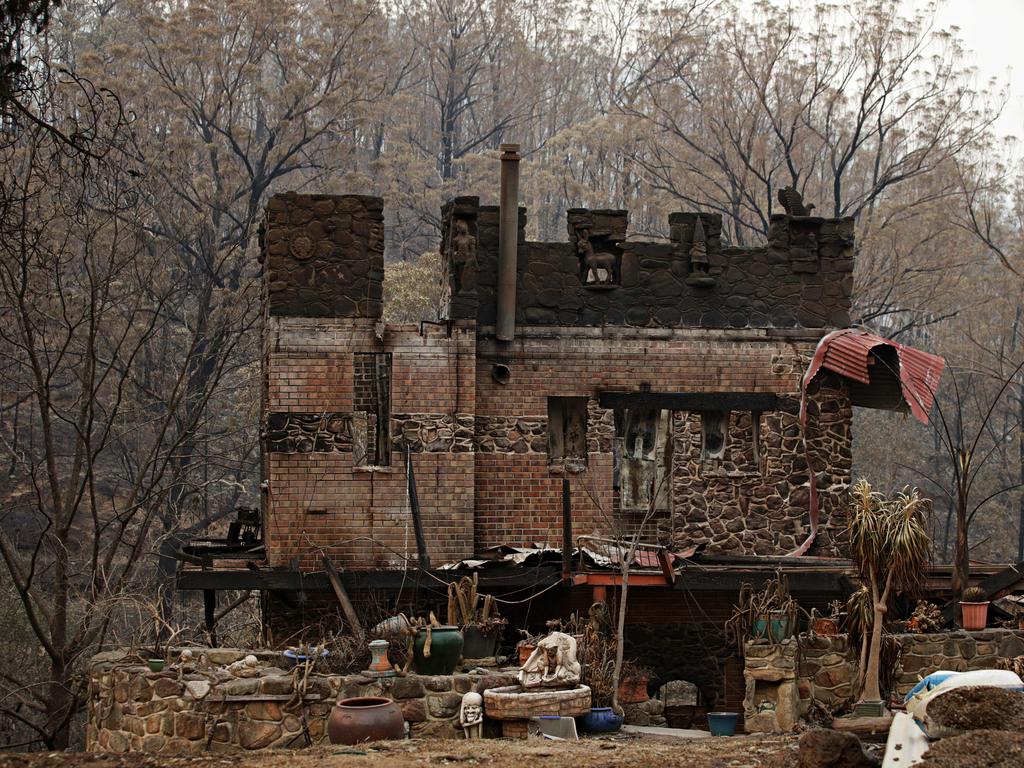 Fire devastated "castle" home in the small community of Wytaliba on the 13th of November 2019. Bushfires ripped through the small community of Wytaliba on the 9th of November 2019. Photographer: Adam Yip