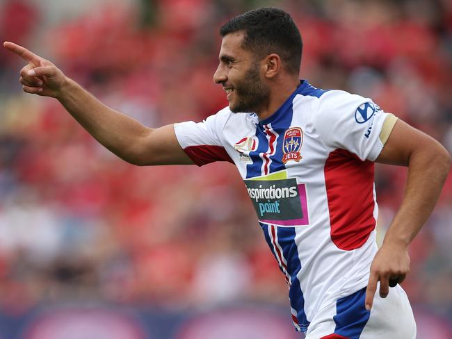 Andrew Nabbout scored table-topping Newcastle’s second against Adelaide.