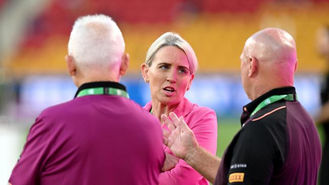 Australian Rugby League Commissioner Kate Jones talks to former Broncos player Allan Langer before a Brisbane Broncos game in March at Suncorp Stadium. Picture: Bradley Kanaris